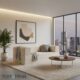 Cream convertible couch inside living room.