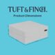 White ottoman with blue background with dimensions of ottoman. Dimensions are 13.75" for height, 34.45" for width and length.