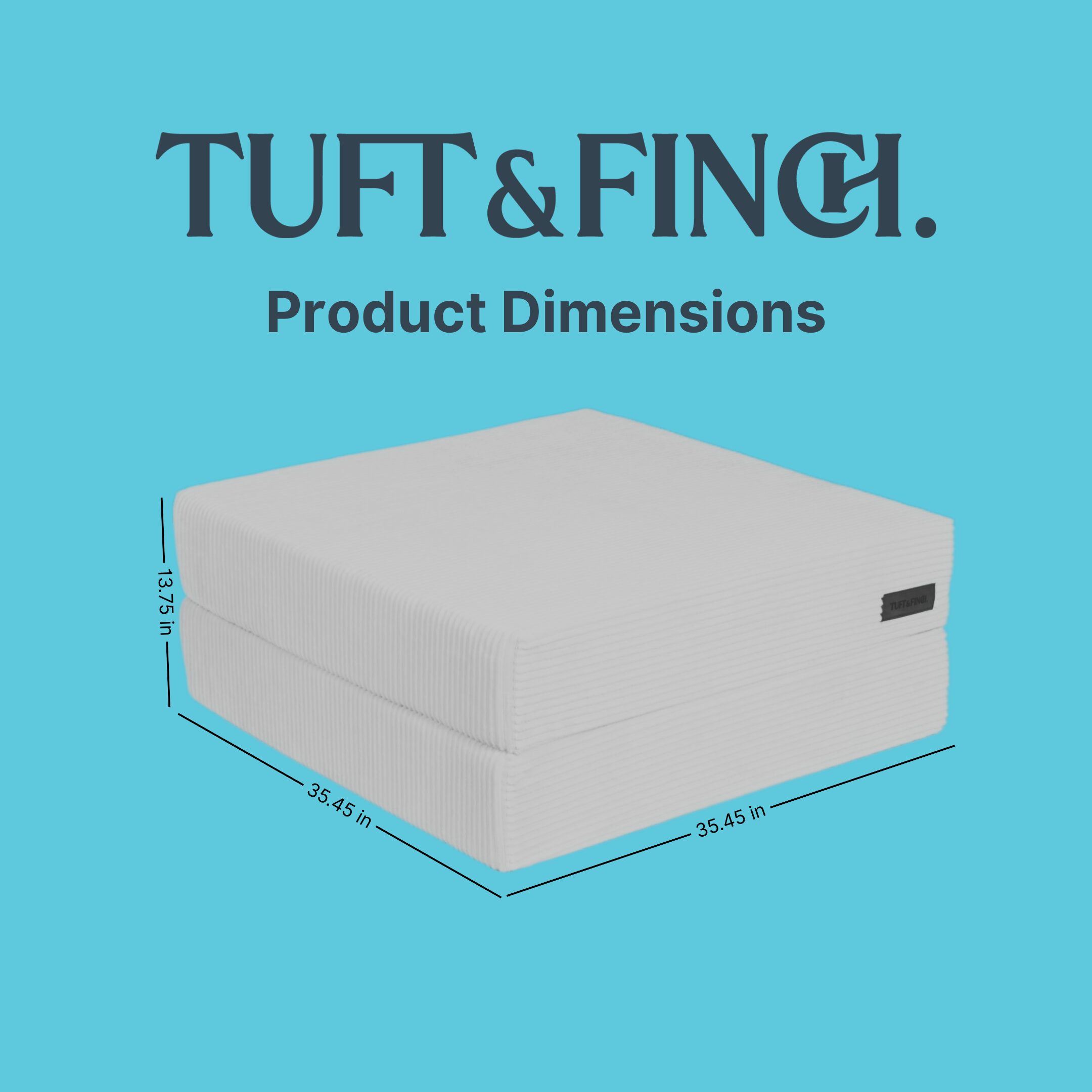 White ottoman with blue background with dimensions of ottoman. Dimensions are 13.75" for height, 34.45" for width and length.