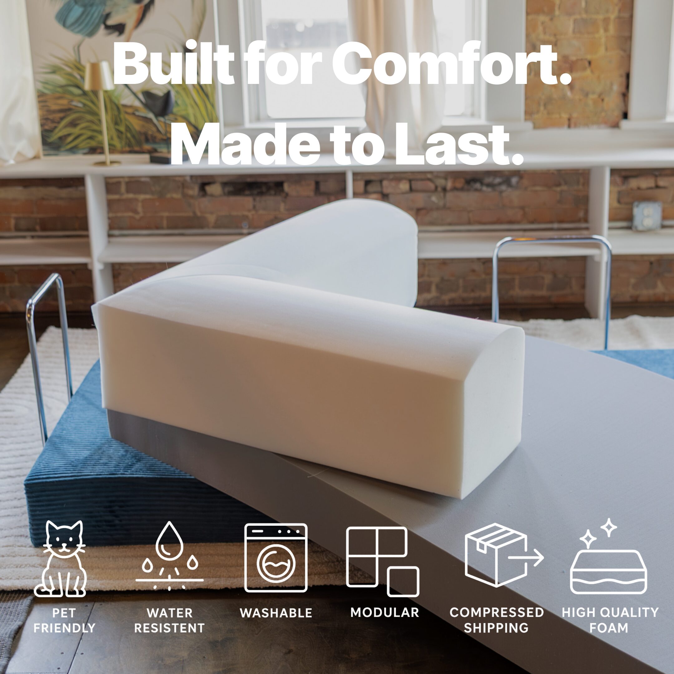 Photo of foam inside of couch arm with the worlds built for comfort, Made to Last written in white over the photo.