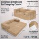 Image showing specs of modular tan boneless couch. Image says "Generous Dimensions for Everyday Comfort."