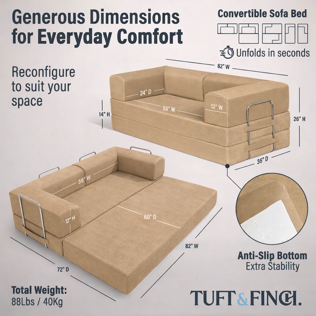 Image showing specs of modular tan boneless couch. Image says "Generous Dimensions for Everyday Comfort."