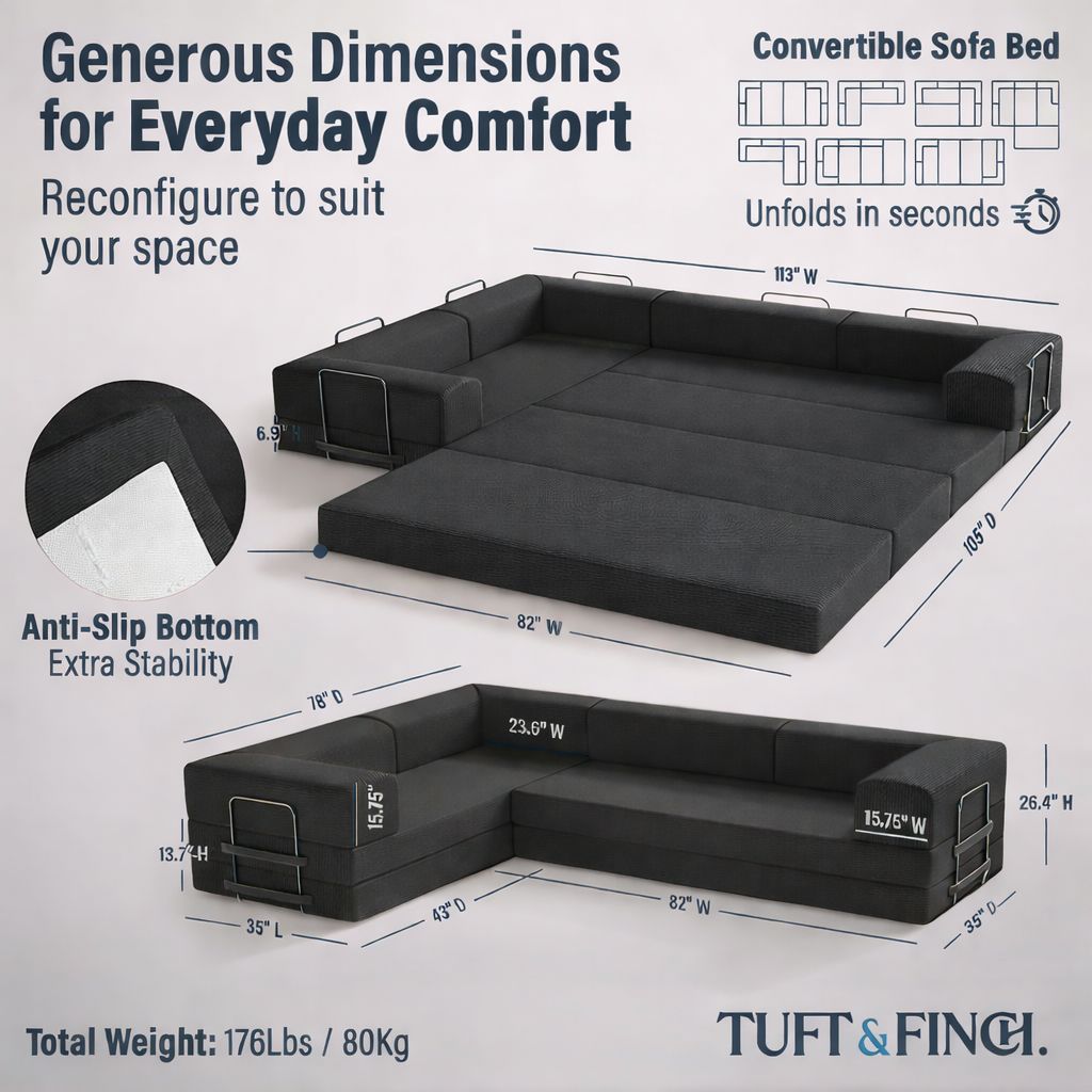 Image showing specs of modular black bonesless couch. Image says "Generous Dimensions for Everyday Comfort."