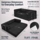 Image showing specs of modular black boneless couch. Image says "Generous Dimensions for Everyday Comfort."