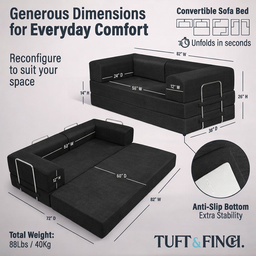 Image showing specs of modular black boneless couch. Image says "Generous Dimensions for Everyday Comfort."