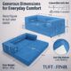 Image showing specs of modular blue boneless couch. Image says "Generous Dimensions for Everyday Comfort."