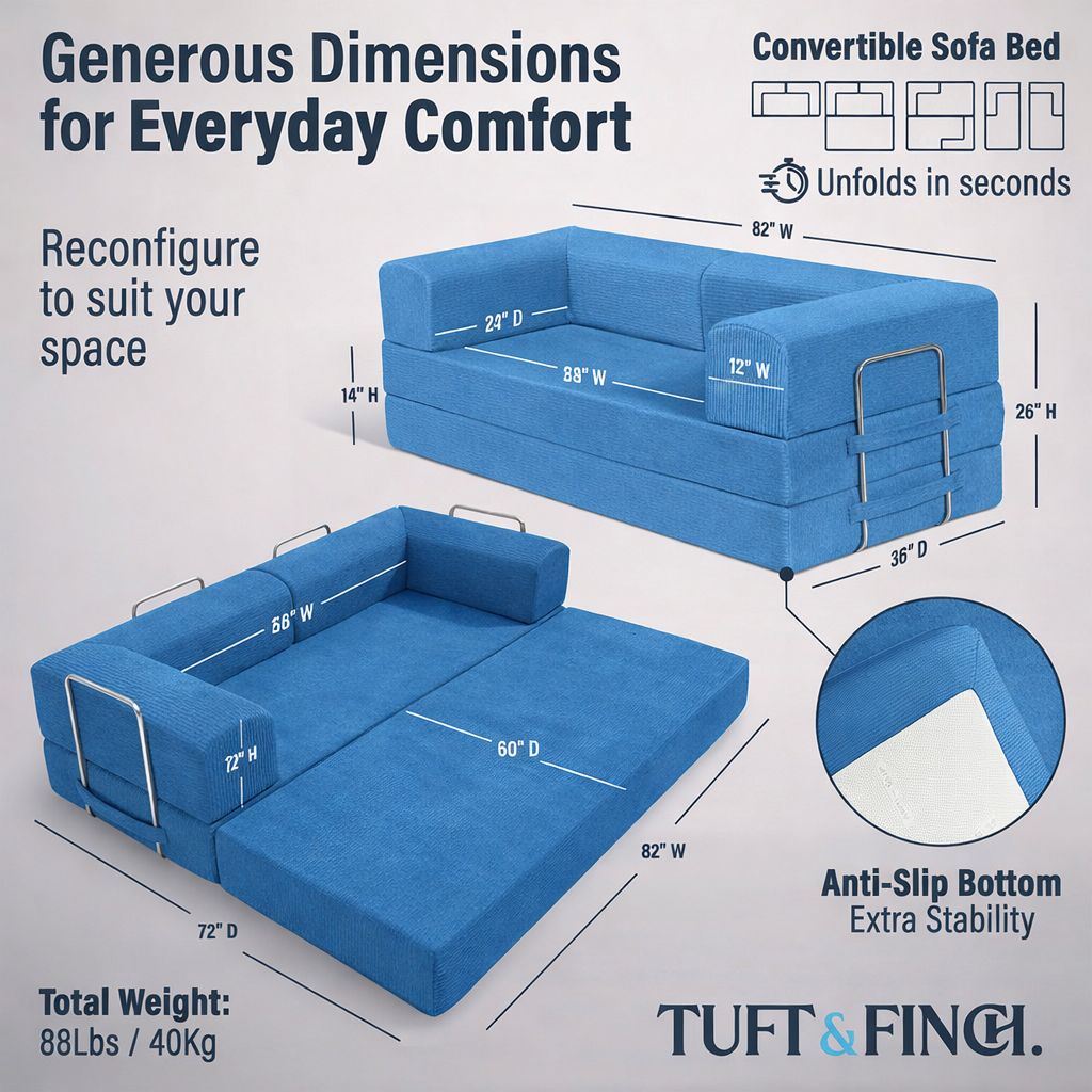 Image showing specs of modular blue boneless couch. Image says "Generous Dimensions for Everyday Comfort."