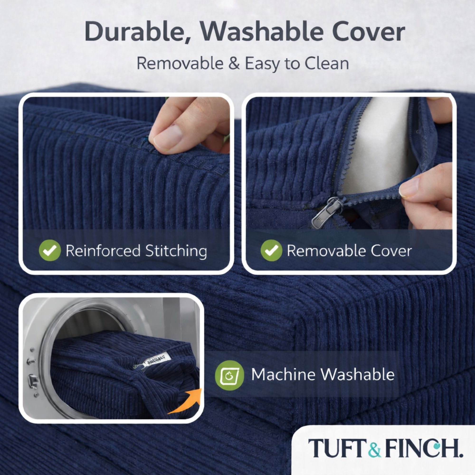 Image showing that boneless couch cover is machine washable.