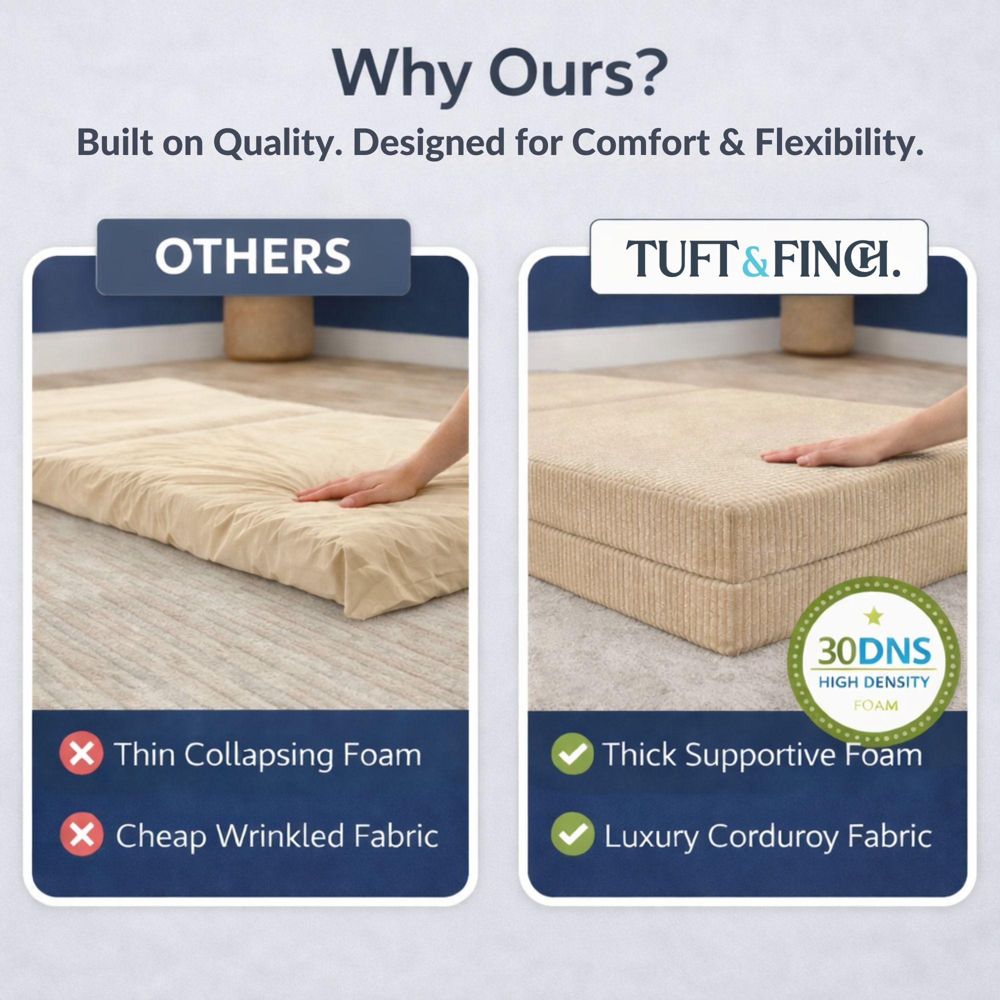 Comparison photo showing tuft and finch furniture with tuft and finch foam more firm.