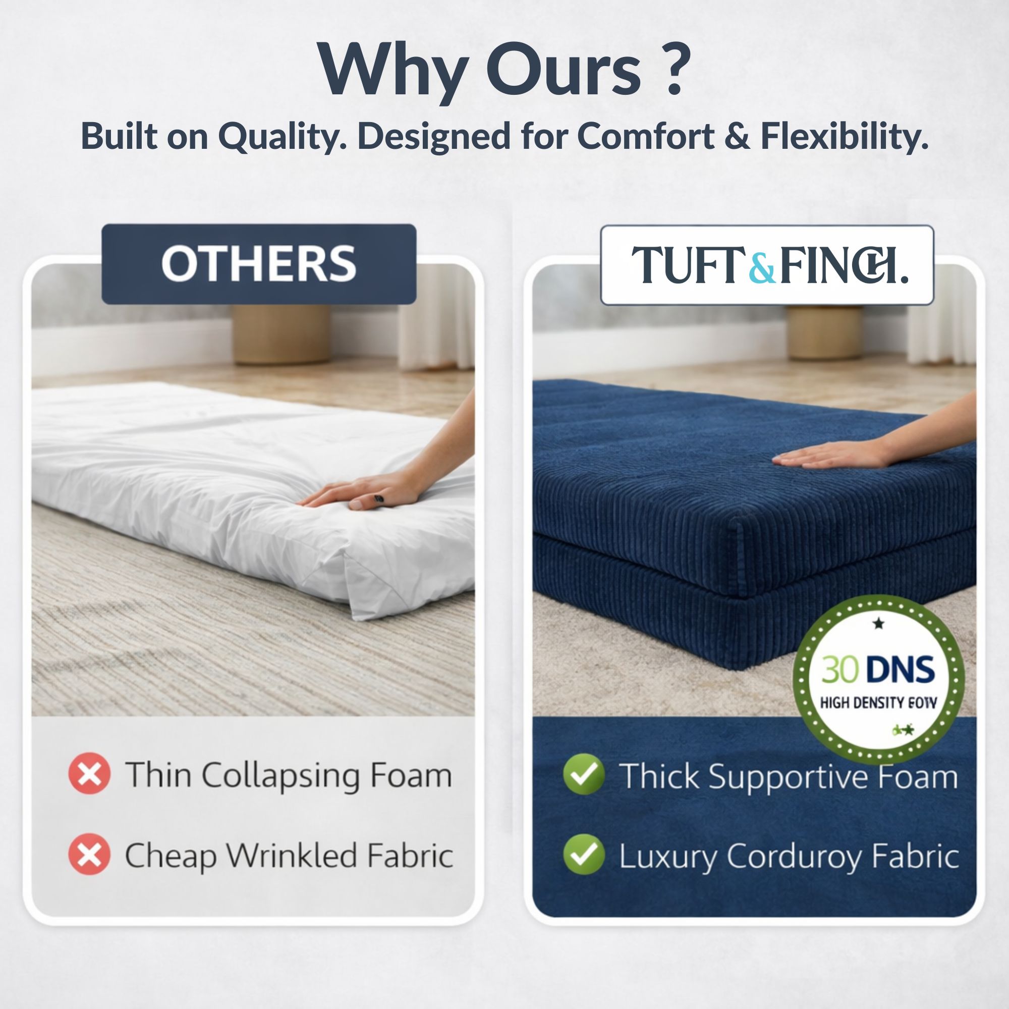 Comparison photo showing tuft and finch furniture with tuft and finch foam more firm.