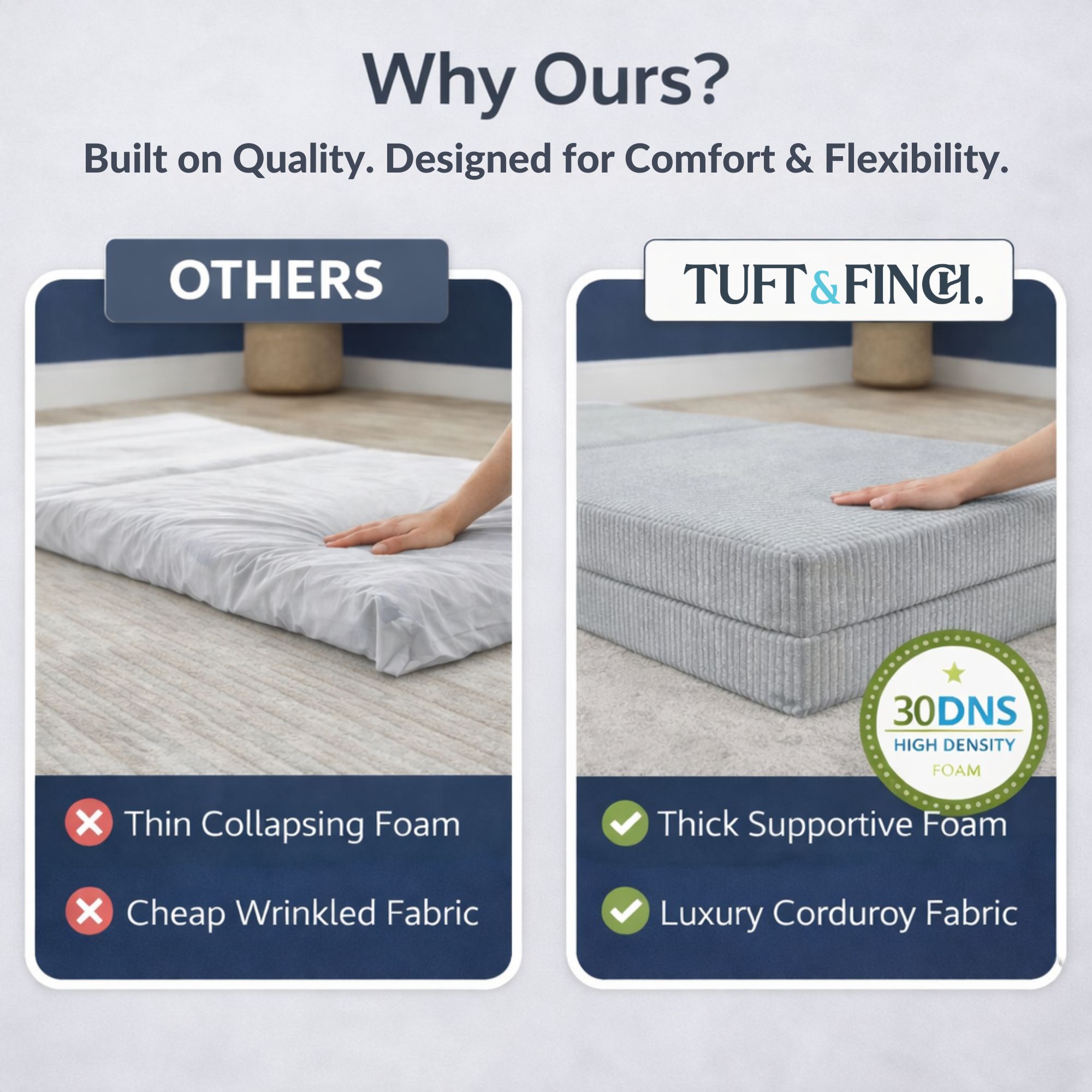 Comparison photo showing tuft and finch furniture with tuft and finch foam more firm.