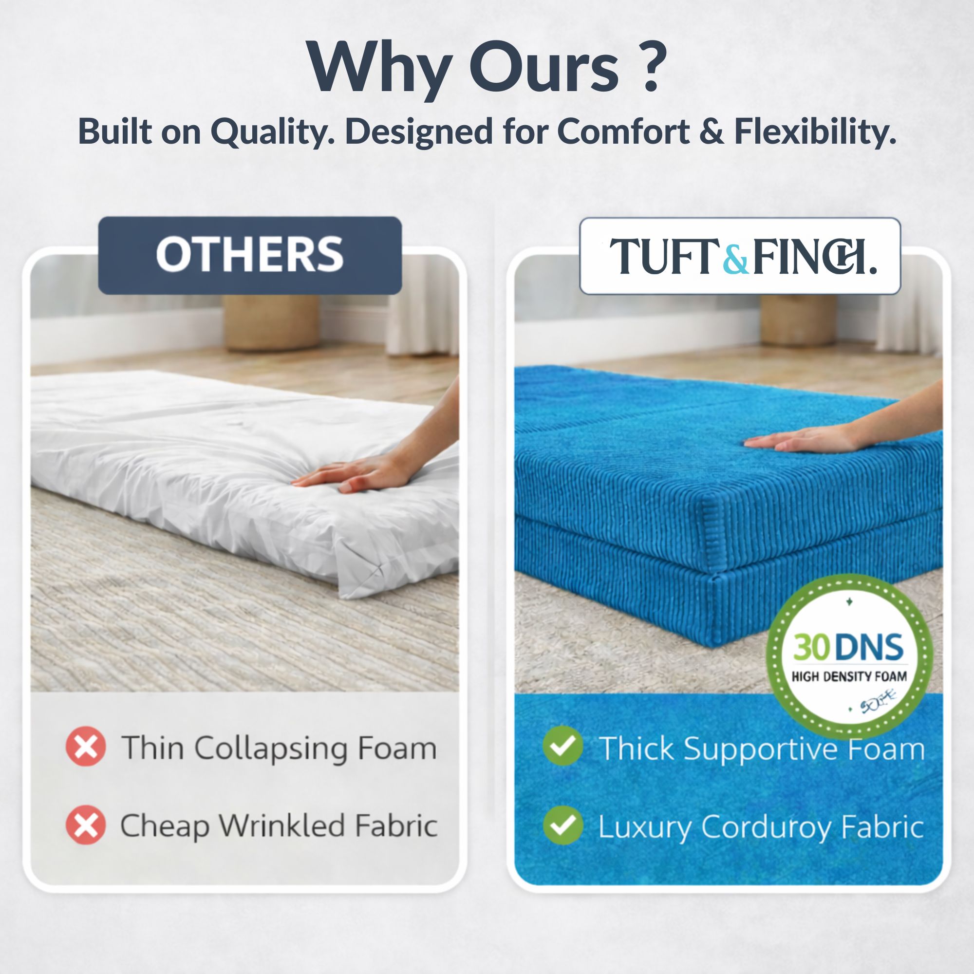 Comparison photo showing tuft and finch furniture with tuft and finch foam more firm.