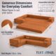 Image showing specs of modular orange boneless couch. Image says "Generous Dimensions for Everyday Comfort."