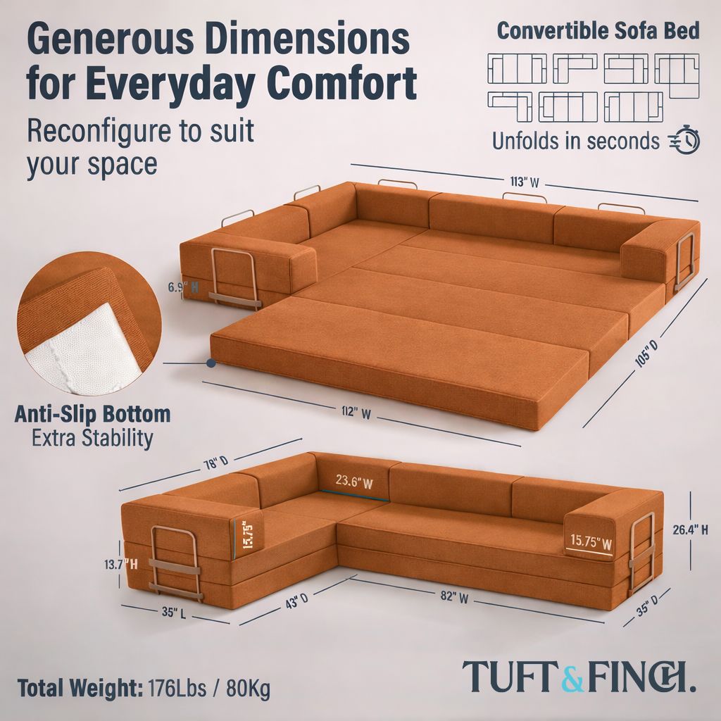Image showing specs of modular orange boneless couch. Image says "Generous Dimensions for Everyday Comfort."