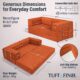 Image showing specs of modular orange boneless couch. Image says "Generous Dimensions for Everyday Comfort."