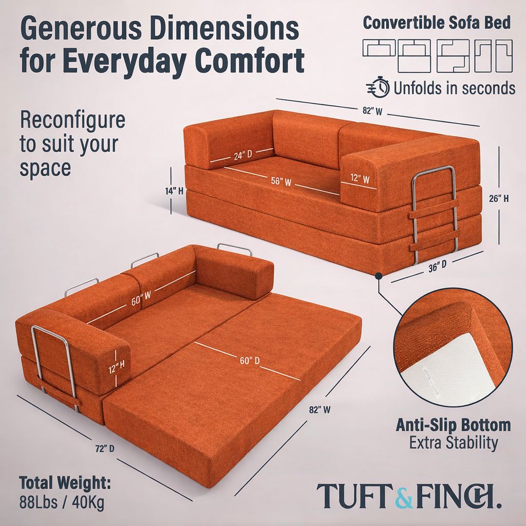 Image showing specs of modular orange boneless couch. Image says "Generous Dimensions for Everyday Comfort."
