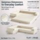 Image showing specs of modular white boneless couch. Image says "Generous Dimensions for Everyday Comfort."