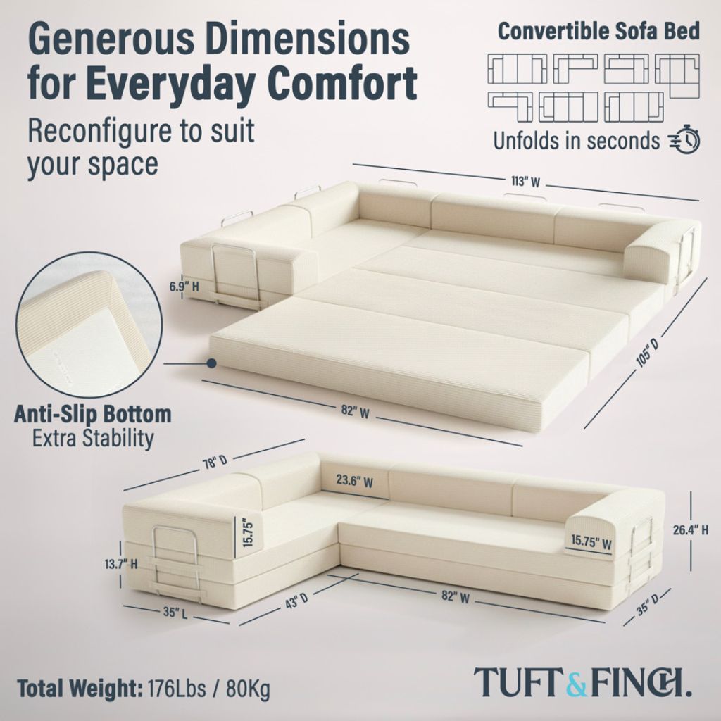 Image showing specs of modular white boneless couch. Image says "Generous Dimensions for Everyday Comfort."