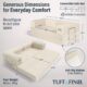 Image showing specs of modular cream boneless couch. Image says "Generous Dimensions for Everyday Comfort."