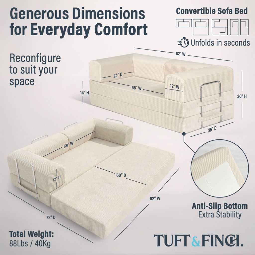 Image showing specs of modular cream boneless couch. Image says "Generous Dimensions for Everyday Comfort."
