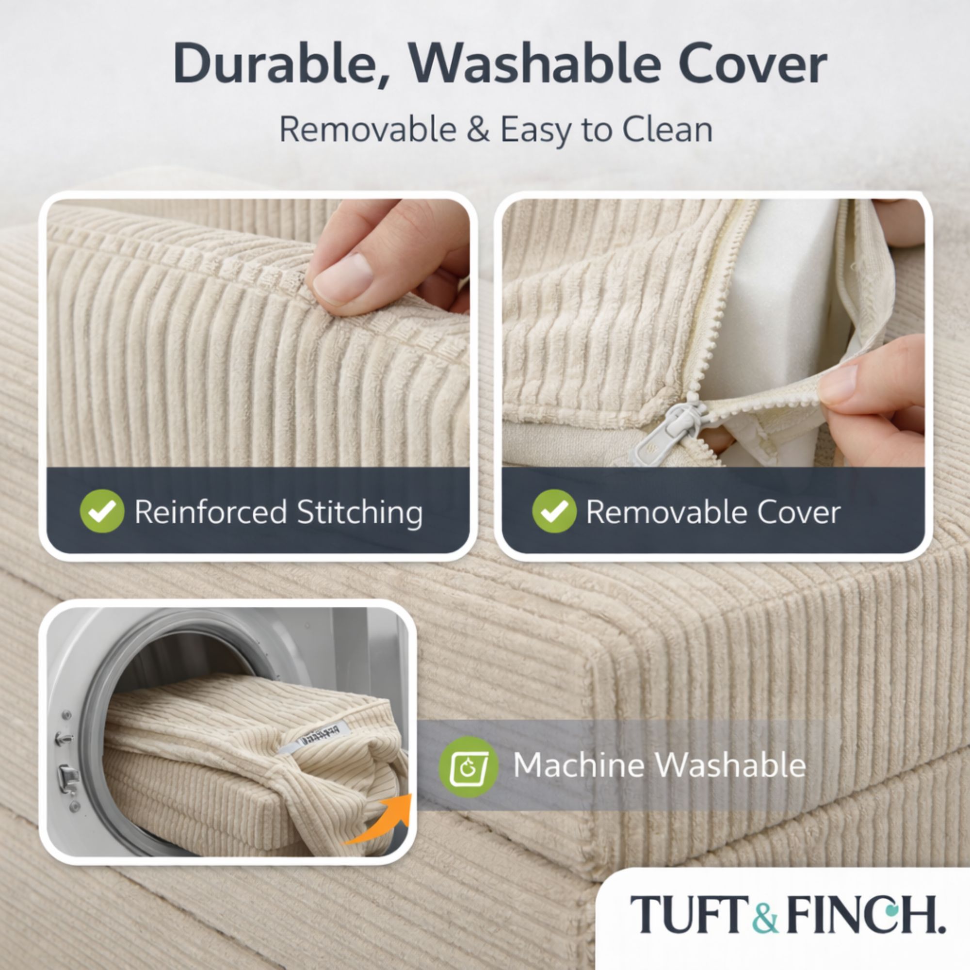 Image showing that boneless couch cover is machine washable.