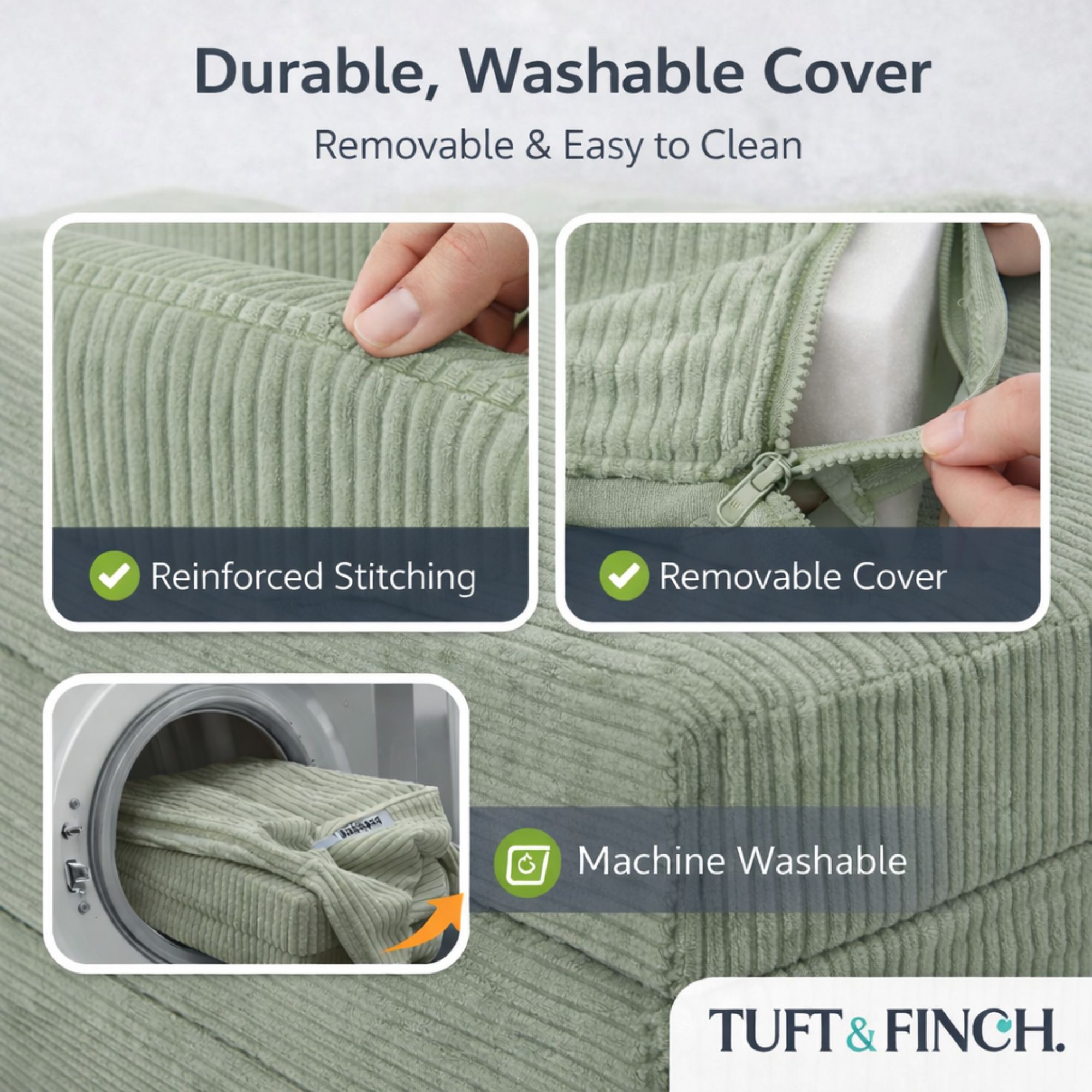 Image showing that boneless couch cover is machine washable.
