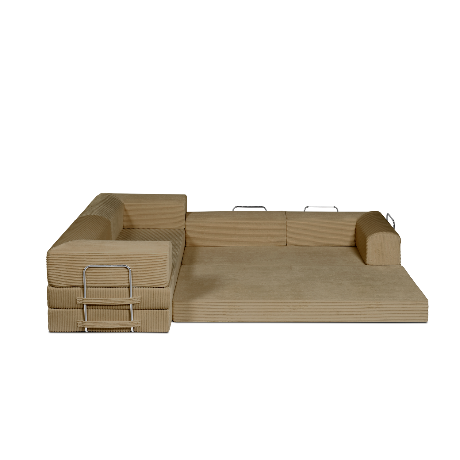 Acorn colored, dark tan, L shaped modular couch positioned into daybed.