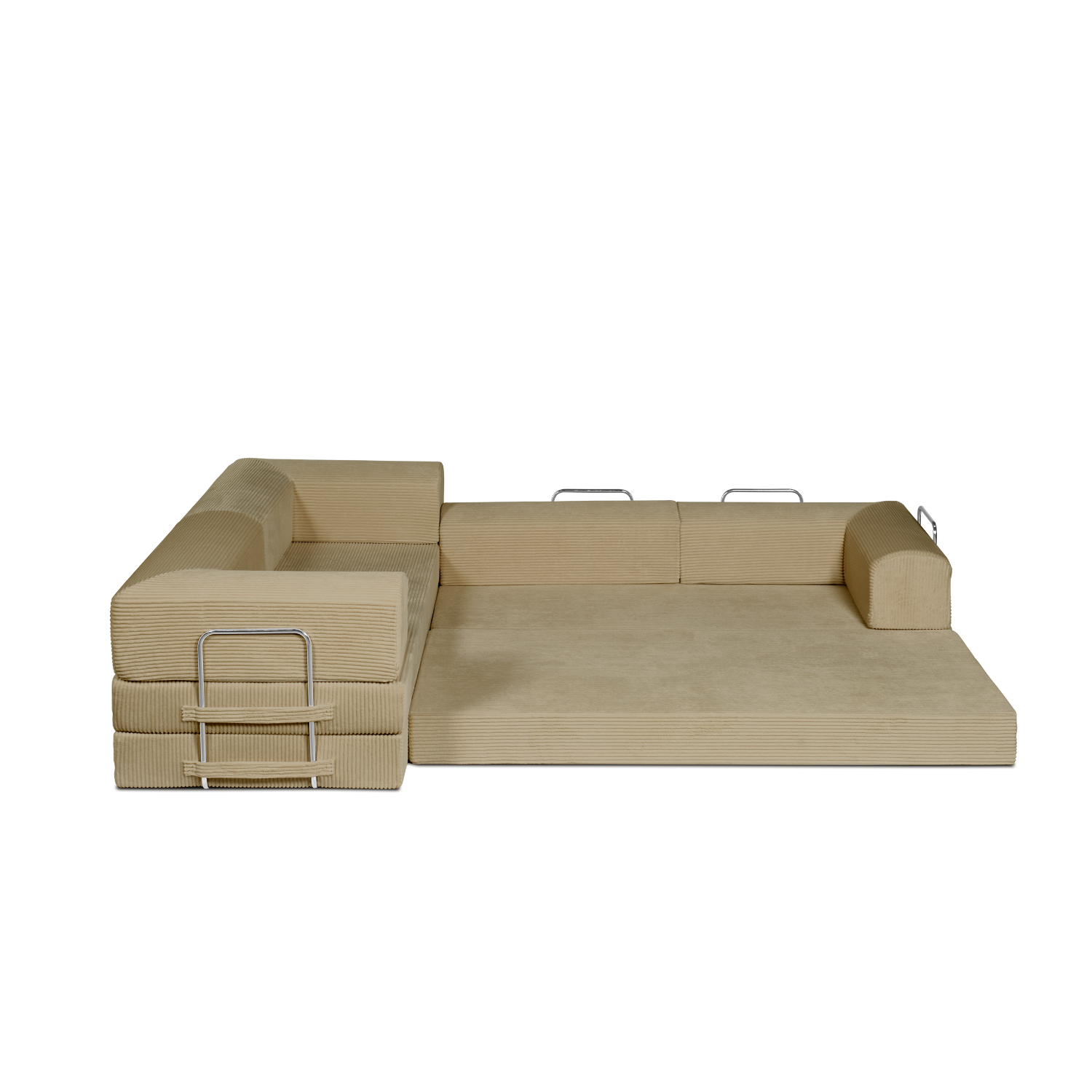 Latte, Light Tan, L shaped modular couch in day bed form.