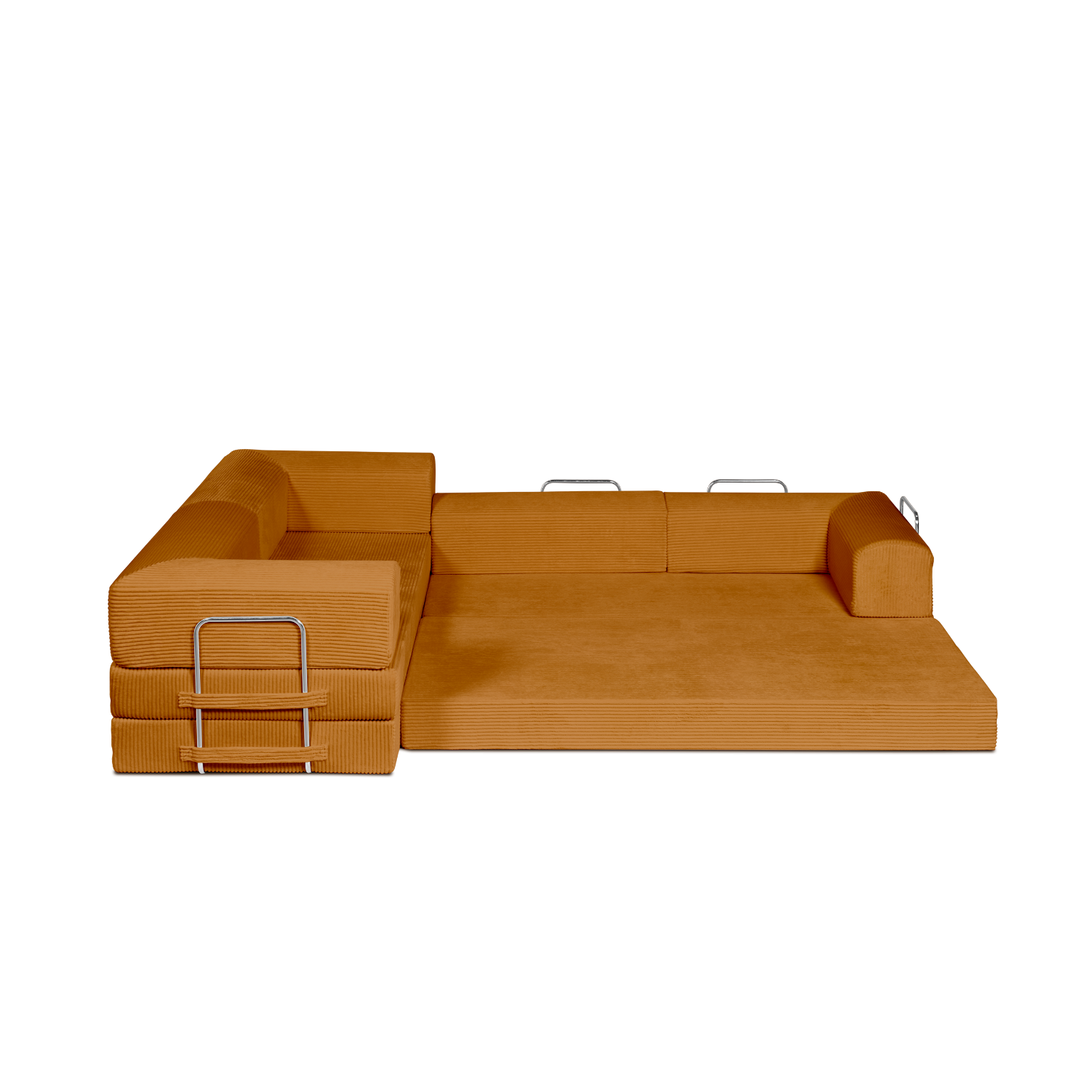 Saffron, Vibrant Orange, L shaped modular couch in day bed form.