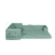 Sage, light green, L shaped modular couch in day bed form.