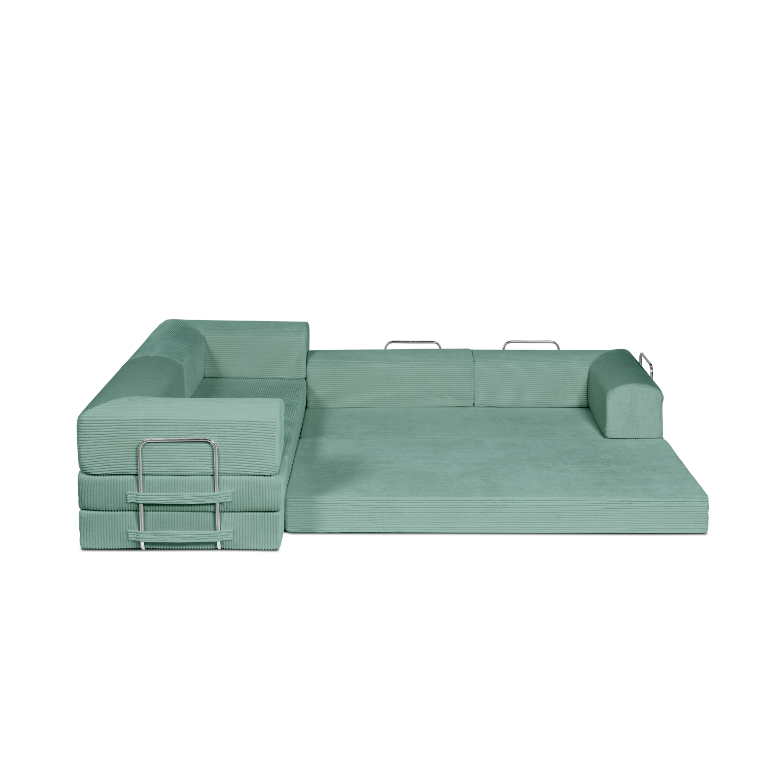Sage, light green, L shaped modular couch in day bed form.