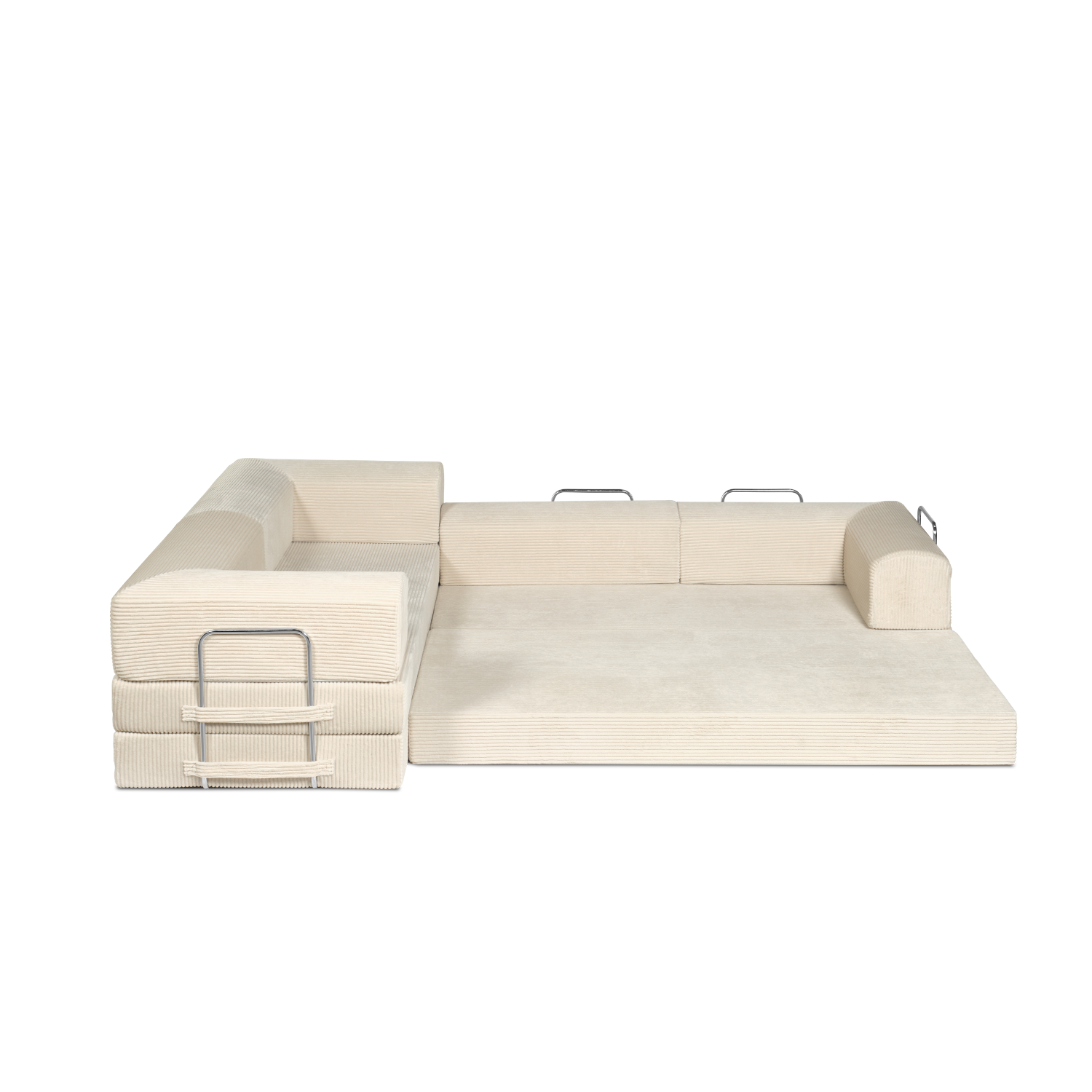Seashell, very light tan, L shaped modular couch in day bed form.