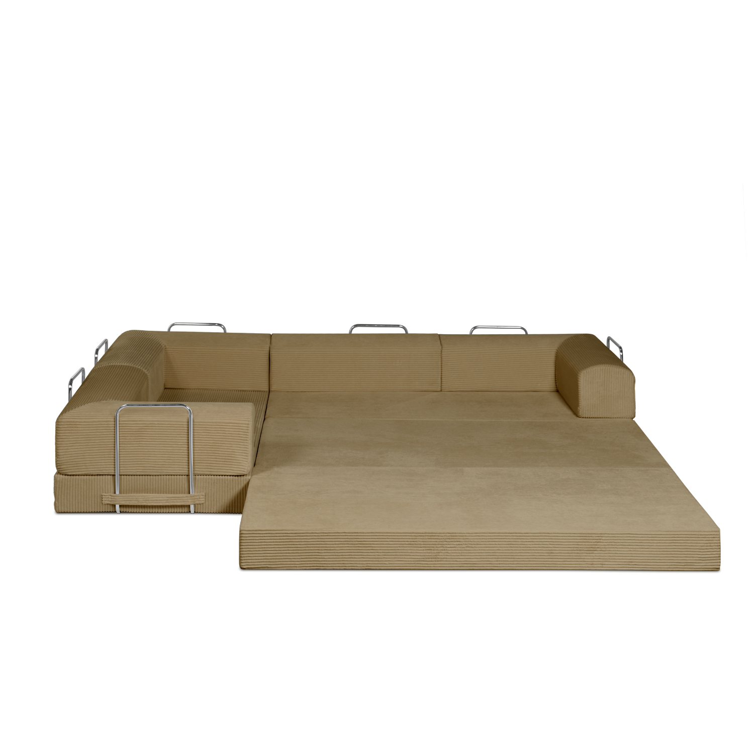 Acorn colored, dark tan, L shaped modular couch in full bed form.