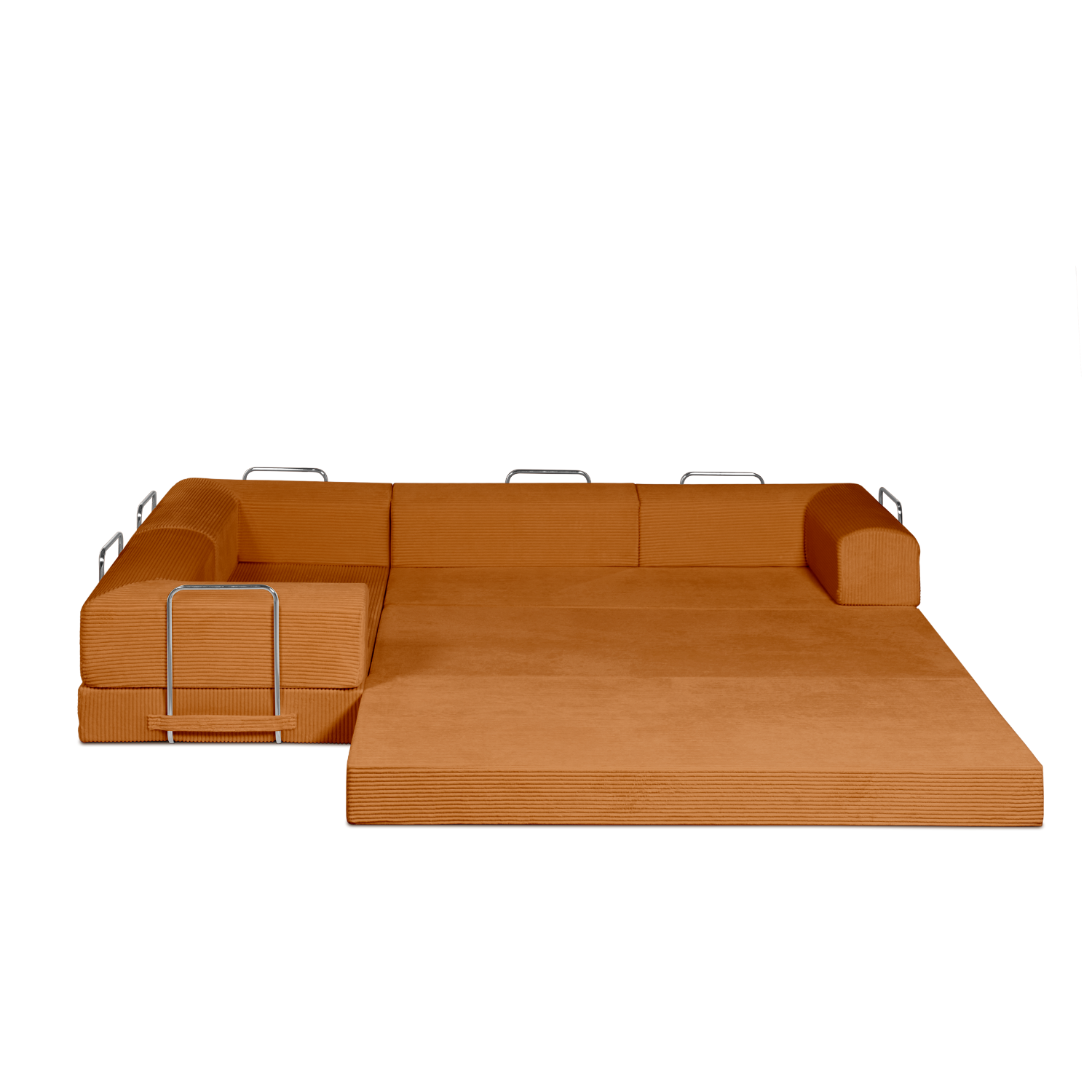 Saffron, Vibrant Orange, L shaped modular couch in full bed form.
