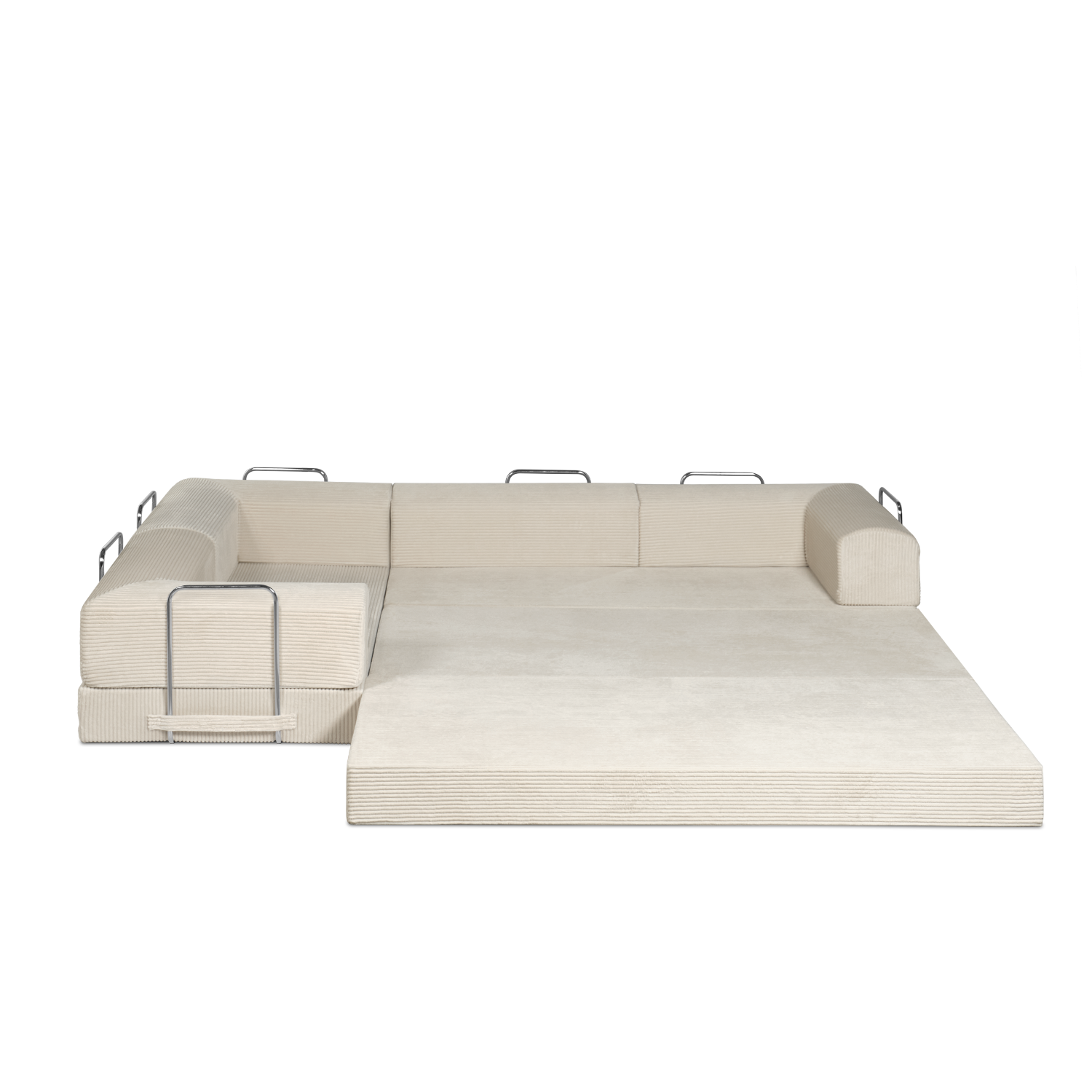 Seashell, very light tan, L shaped modular couch in full bed form.