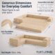 Image showing specs of modular tan boneless couch. Image says "Generous Dimensions for Everyday Comfort."