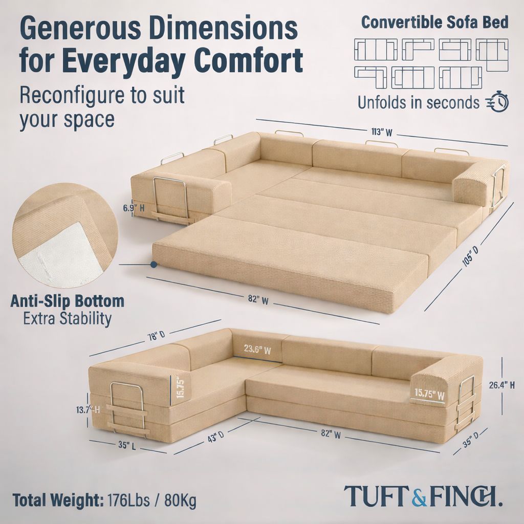Image showing specs of modular tan boneless couch. Image says "Generous Dimensions for Everyday Comfort."