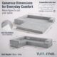 Image showing specs of modular gray boneless couch. Image says "Generous Dimensions for Everyday Comfort."
