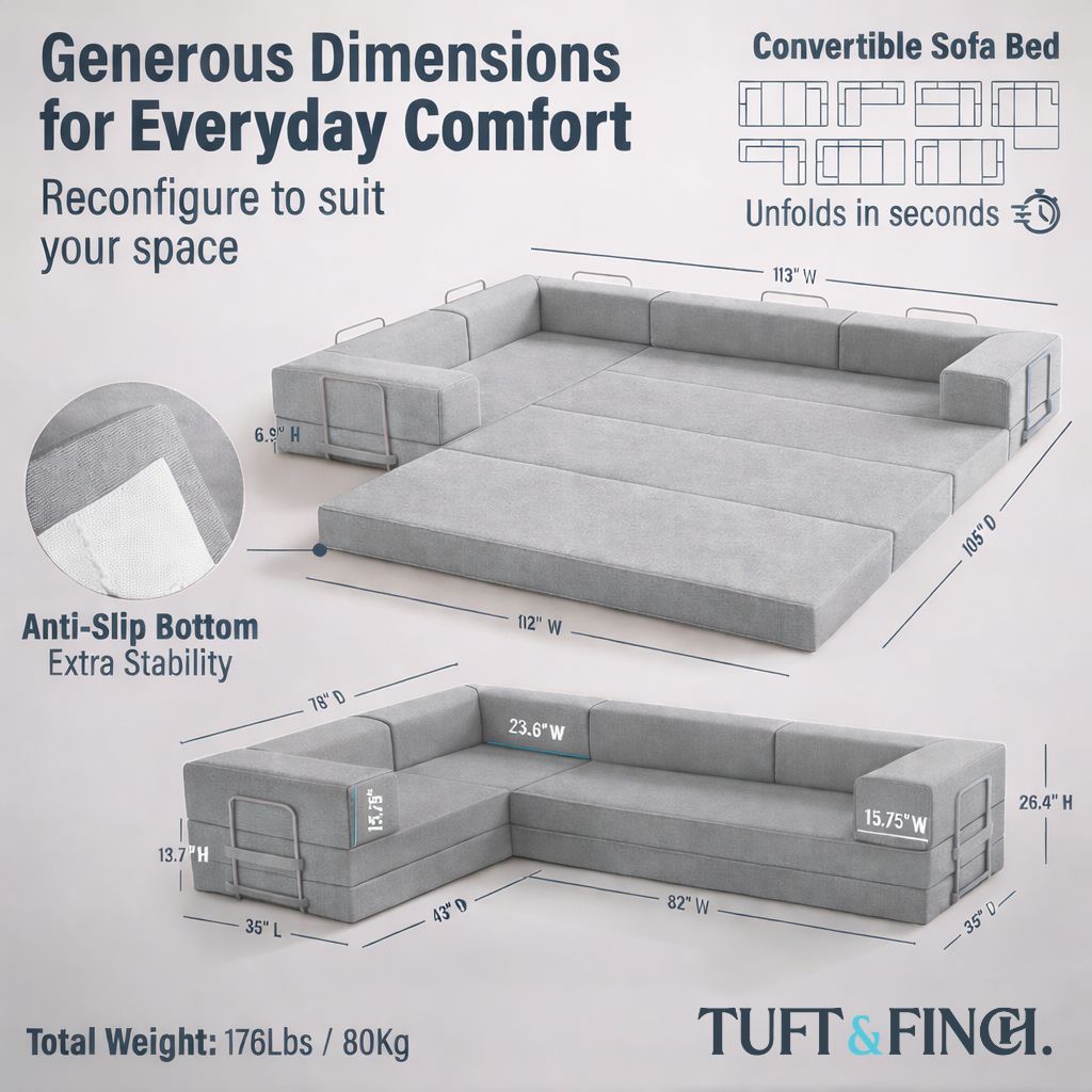 Image showing specs of modular gray boneless couch. Image says "Generous Dimensions for Everyday Comfort."