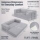 Image showing specs of modular gray boneless couch. Image says "Generous Dimensions for Everyday Comfort."