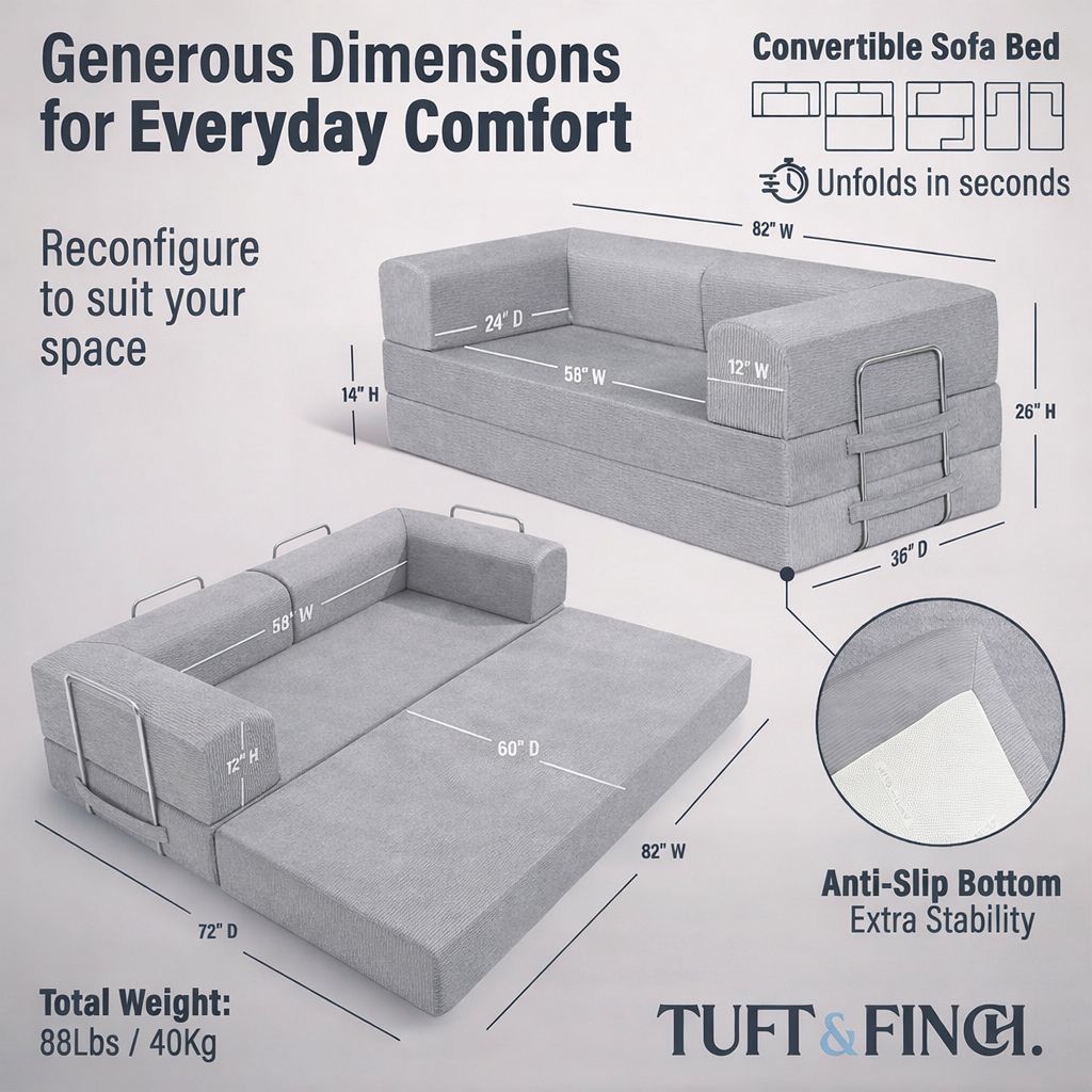 Image showing specs of modular gray boneless couch. Image says "Generous Dimensions for Everyday Comfort."