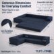 Image showing specs of modular dark blue boneless couch. Image says "Generous Dimensions for Everyday Comfort."