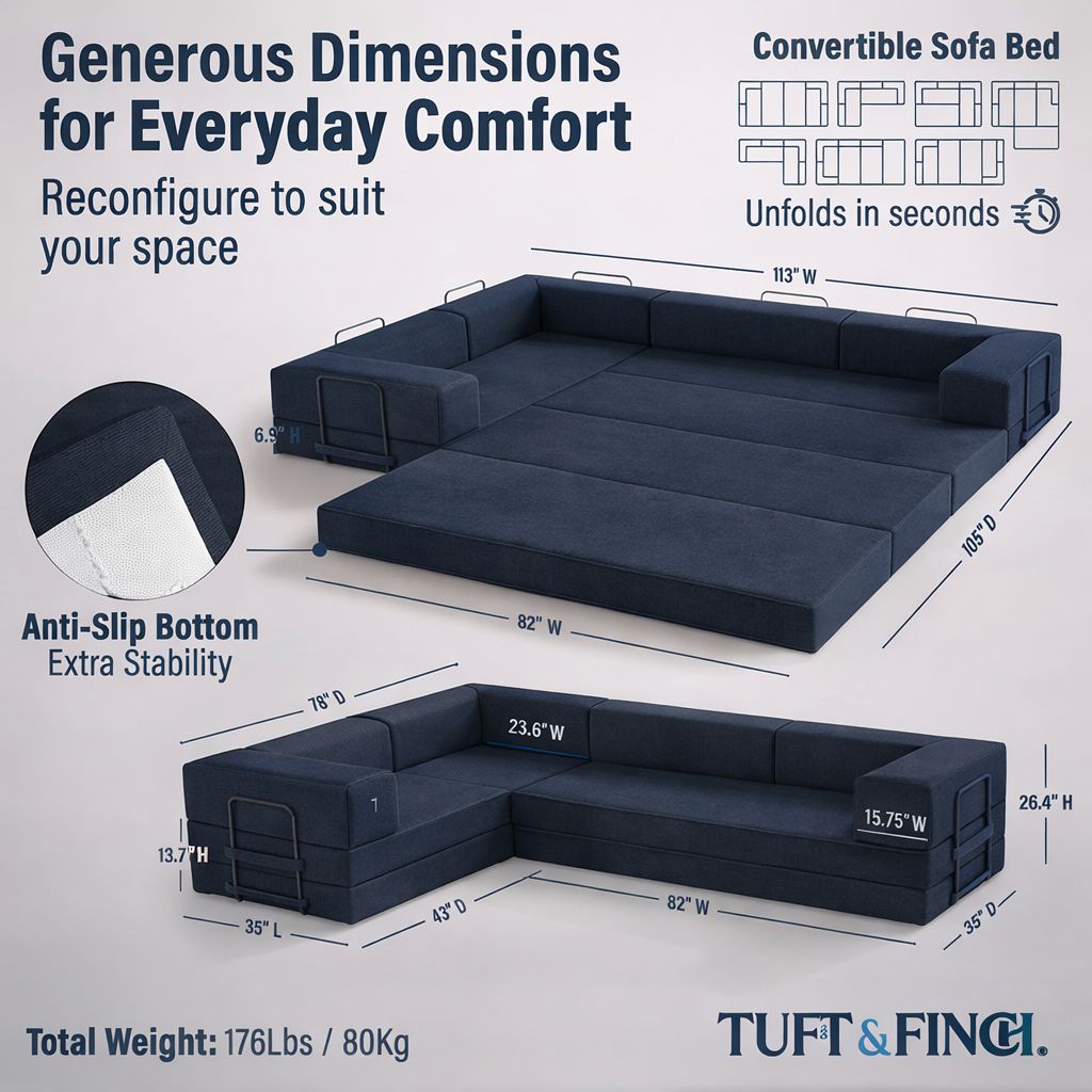 Image showing specs of modular dark blue boneless couch. Image says "Generous Dimensions for Everyday Comfort."