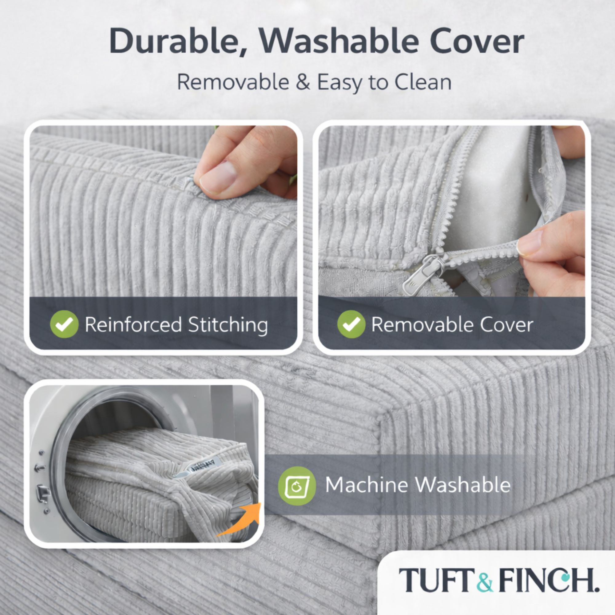 Image showing that boneless couch cover is machine washable.
