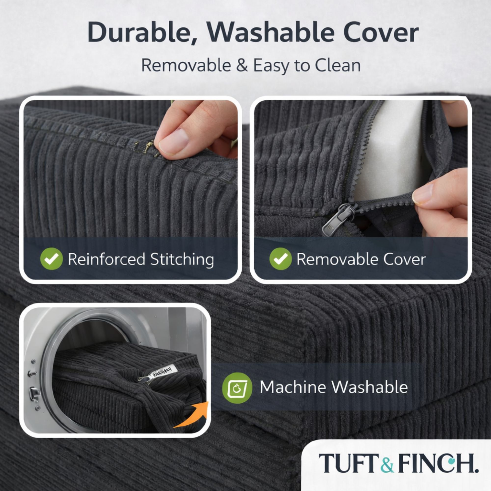 Image showing that modular couch cover is "durable and washable."