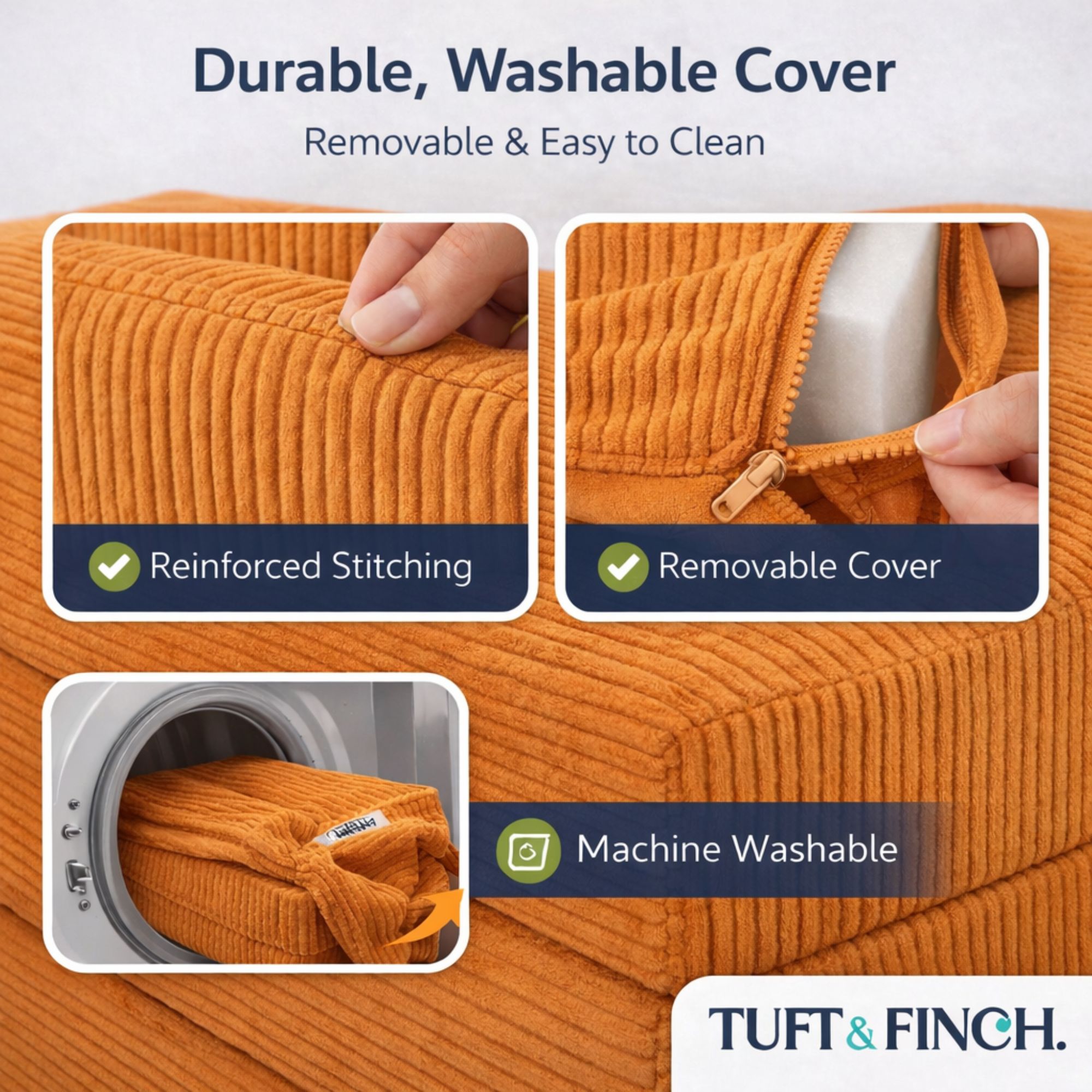 Image showing that boneless couch cover is machine washable.