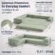 Image showing specs of modular green boneless couch. Image says "Generous Dimensions for Everyday Comfort."
