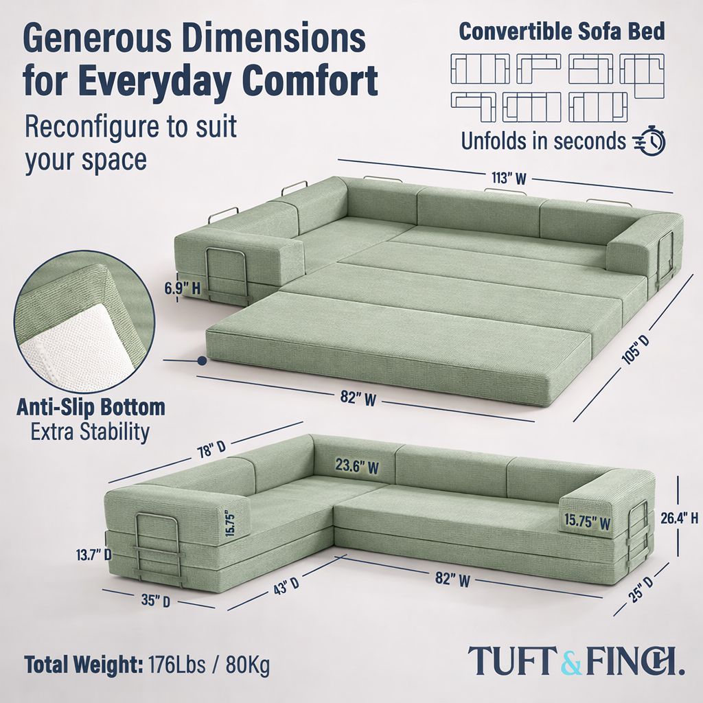 Image showing specs of modular green boneless couch. Image says "Generous Dimensions for Everyday Comfort."