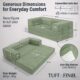 Image showing specs of modular green boneless couch. Image says "Generous Dimensions for Everyday Comfort."