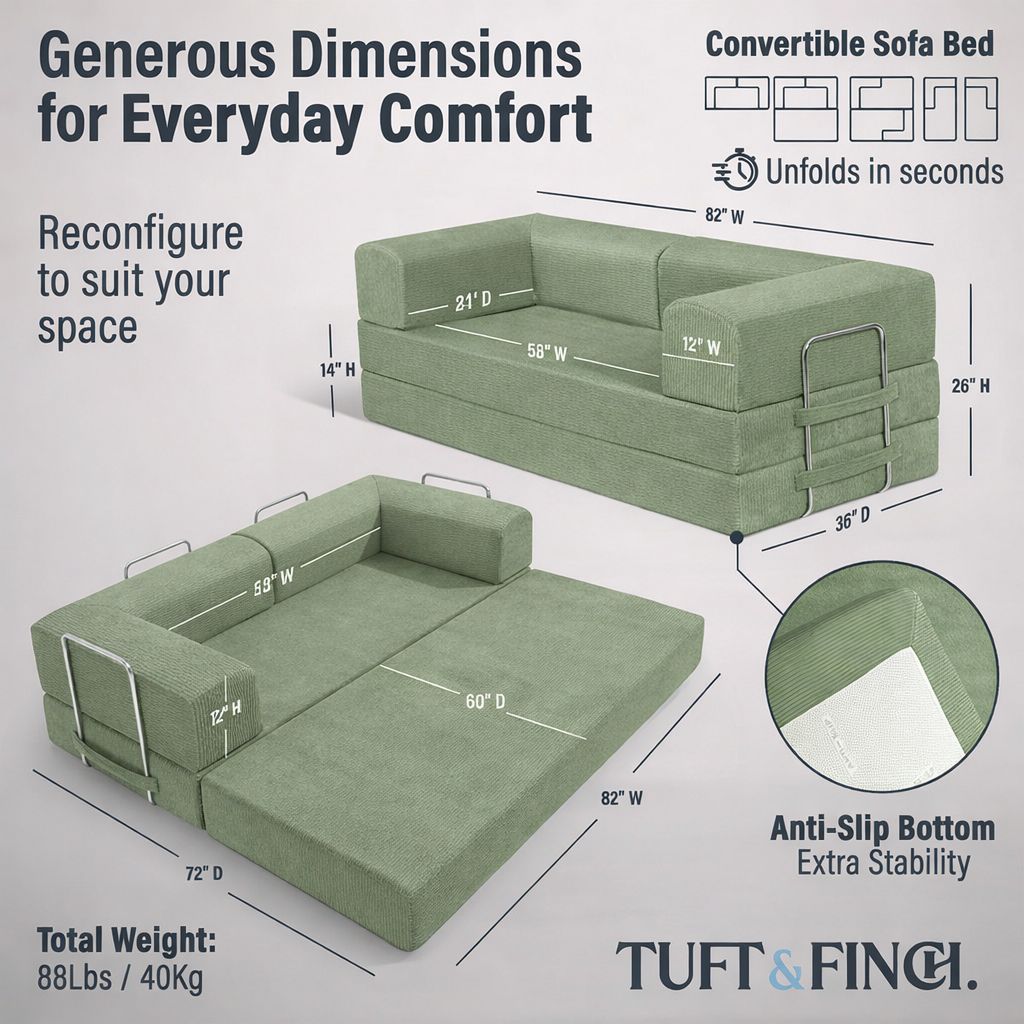 Image showing specs of modular green boneless couch. Image says "Generous Dimensions for Everyday Comfort."